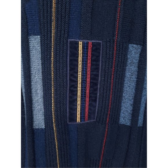 VTG 90s Kingfield Navy Blue Wool V-Neck Geometric Embroidered Velvet Sweater L - Picture 4 of 10